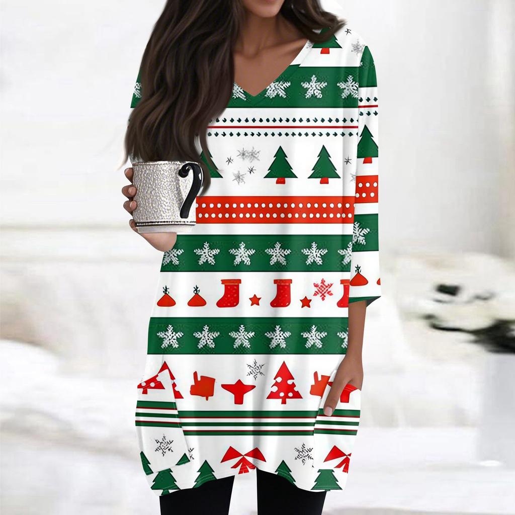 Womens Tops V-neck 3/4 Sleeve Blouses Casual Mid-length Shirts Fashion Christmas Print Tunic Tops With Pockets