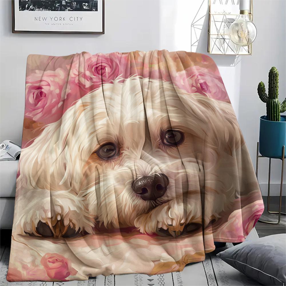 Maltese dog and roses,pattern Flannel Blanket, High quality Comfortable for All Seasons, Home Decor, Warmth and Comfort, Perfect for Gifts.