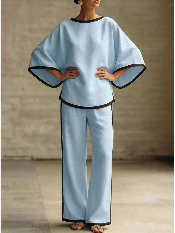 

2026 Women s Elegant Round Neck Loose Batwing Sleeve Cotton Linen Two-Piece Set S синій