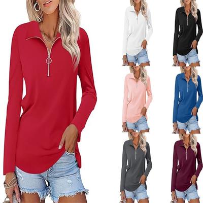 Women Polo Half Zip Long Sleeve T-Shirt Solid Color Slim Fit Lapel Casual Blouse