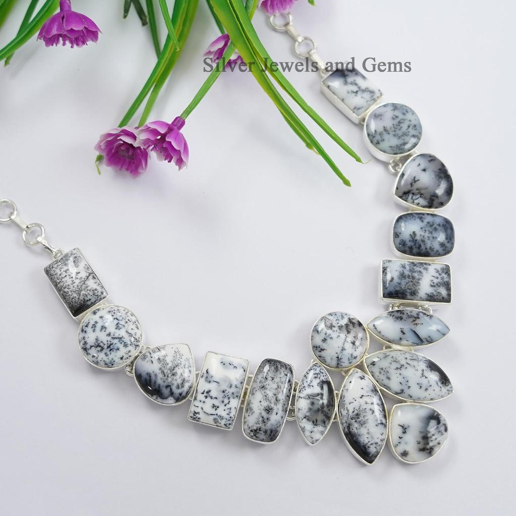 Handmade Dendritic Opal Cluster Necklace, 925 Sterling Silver, Gemstone Jewelry