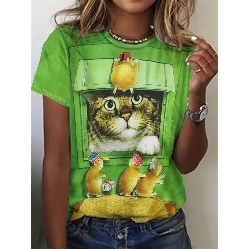 Summer Round Neck 3D Cat Print Top Fashionable Casual Short Sleeved Women's T-shirts