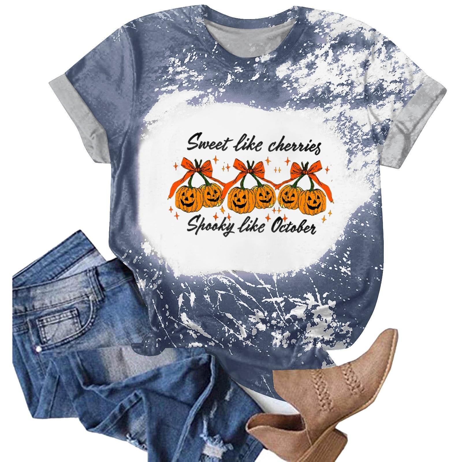 

Хэллоуинские футболки для женщин Милая футболка Осенняя футболка Градиентные графические футболки Повседневные топы с коротким рукавом M синий