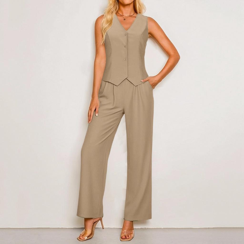 Women's Casual Summer Linen Two-Piece Sleeveless Top High Waist Trousers Beach Vacation Set