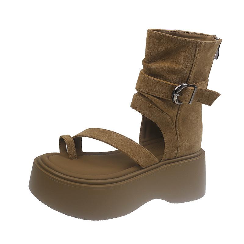 

Thick-soled cover toe cool boots women s pants tube boots 2025 summer new French hollow muffin sandals pinch feet Roman short boots 39 хаки