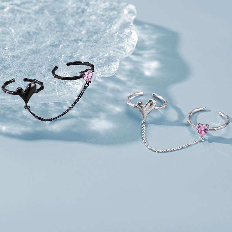 Banyan Tree S925 Silver Double Love Ring: Cold Style Open Index Finger & Chain Trend for Women