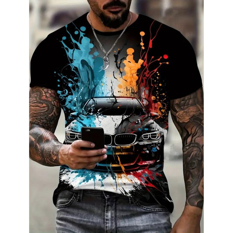 Men's Car Pattern T-shirt 3D Printed Round Neck T-shirt Casual Loose Men Quick Drying Breathable Comfortable