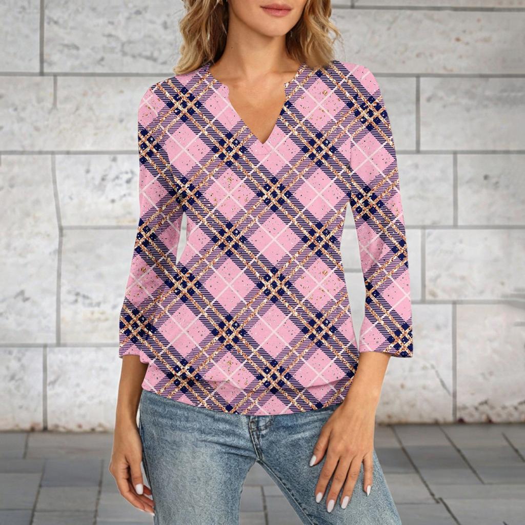 Damen 3/4 Ärmel Oberteil Saum V-Ausschnitt Sommer Lässig Hemd Kariert Bedrucktes Oberteil
