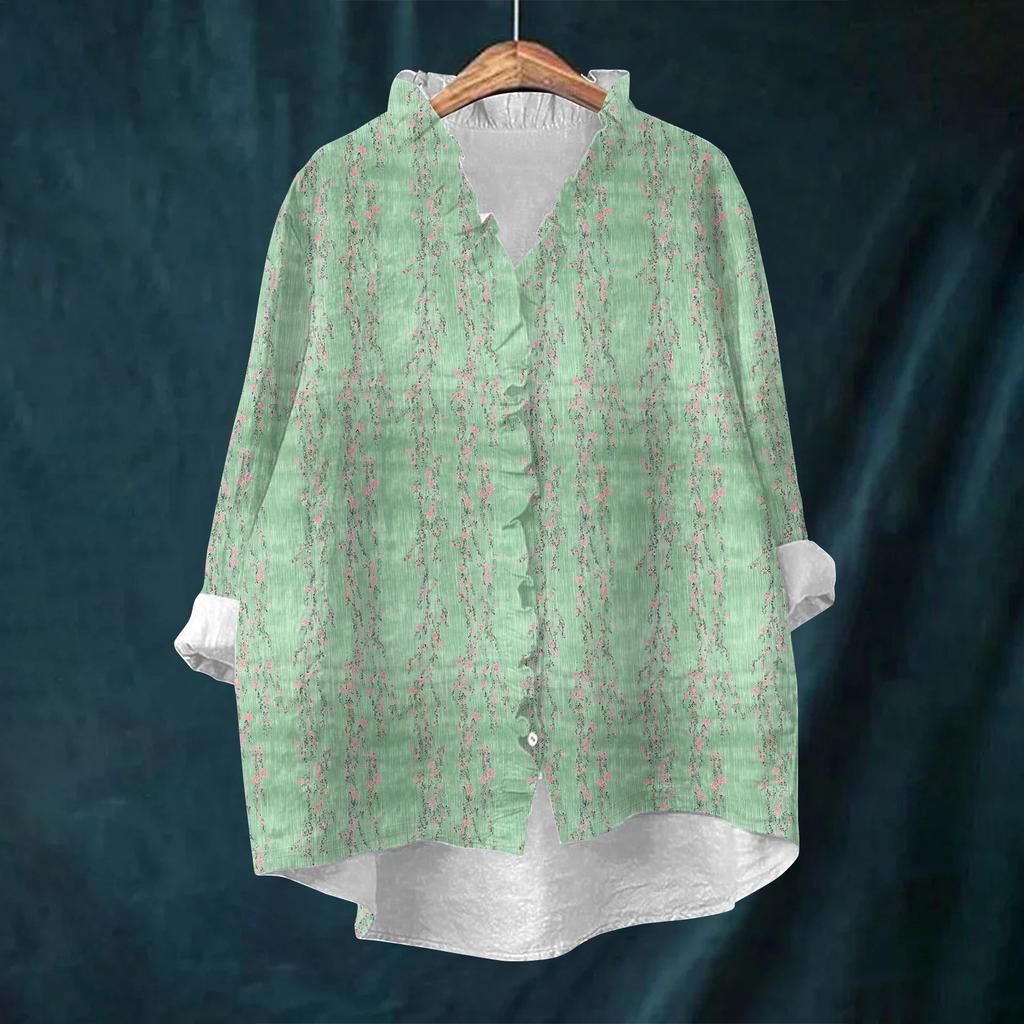 Women's Loose Ruffled Retro Floral Print Stand Collar Long Sleeve Cotton And Linen Top