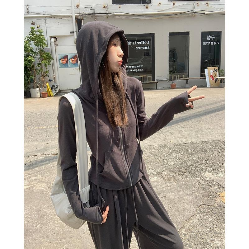 

Осенне-зимняя корейская спортивная одежда с длинными рукавами, застежкой-молнией и капюшоном, кардиган, пальто, широкие брюки, облегающий костюм для женщин S