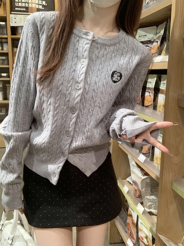 Navy Blue White Round Neck Twist Embroidered Knitted Sweater for Women's Spring and Autumn Small Design Sweater Jacket