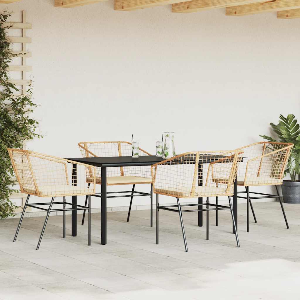 5 Piece Outdoor Dining Set with Cushions Brown Poly Rattan & Glass