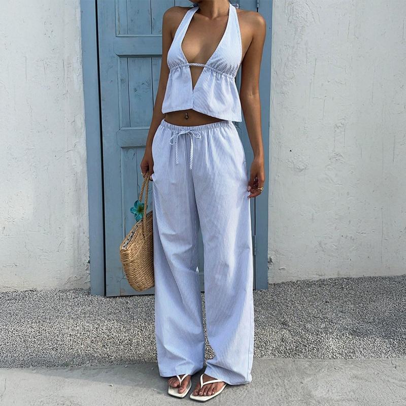 2026 Summer New Vacation Striped Vest Casual Long Pants Women's Casual Suit