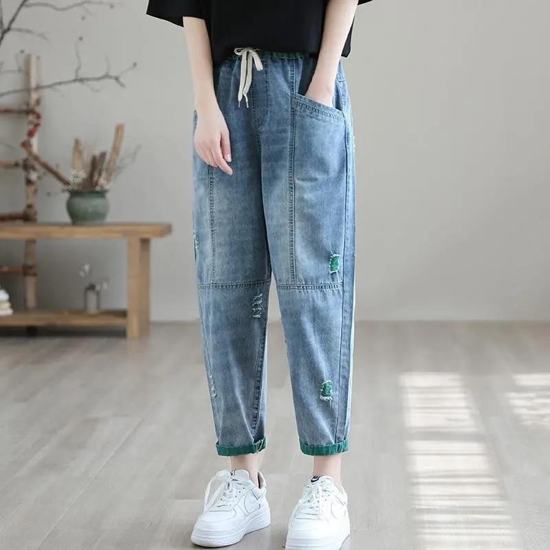 

Nine Point Ripped Jeans for Women Summer Loose Thin Elastic Waist Casual Harem Pants Female Denim Ankle Length Pants XS зелёный