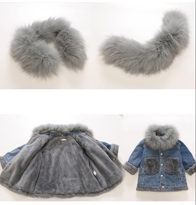 Patchworkowe kieszenie aksamitna gruba kurtka dżinsowa dla nastoletnich dziewcząt zimowe ciepłe duże futrzane dżinsy z kapturem płaszcz dzieci bomber kurtki nastolatek