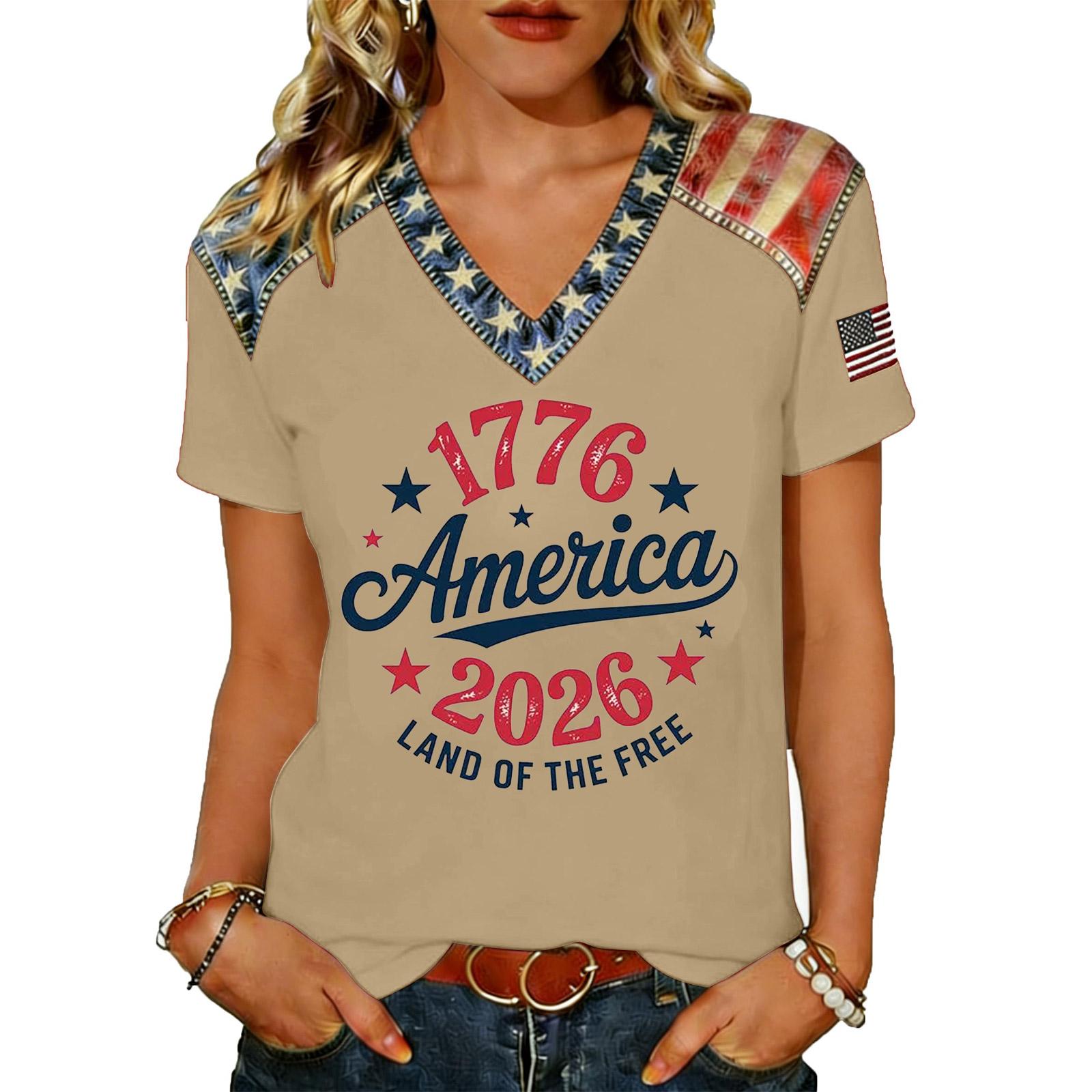 

Women’s Casual V Neck Short Sleeve Pullover T Shirt Top with Printed Graphic and Decorative Shoulder for Everyday Wear M бежевый