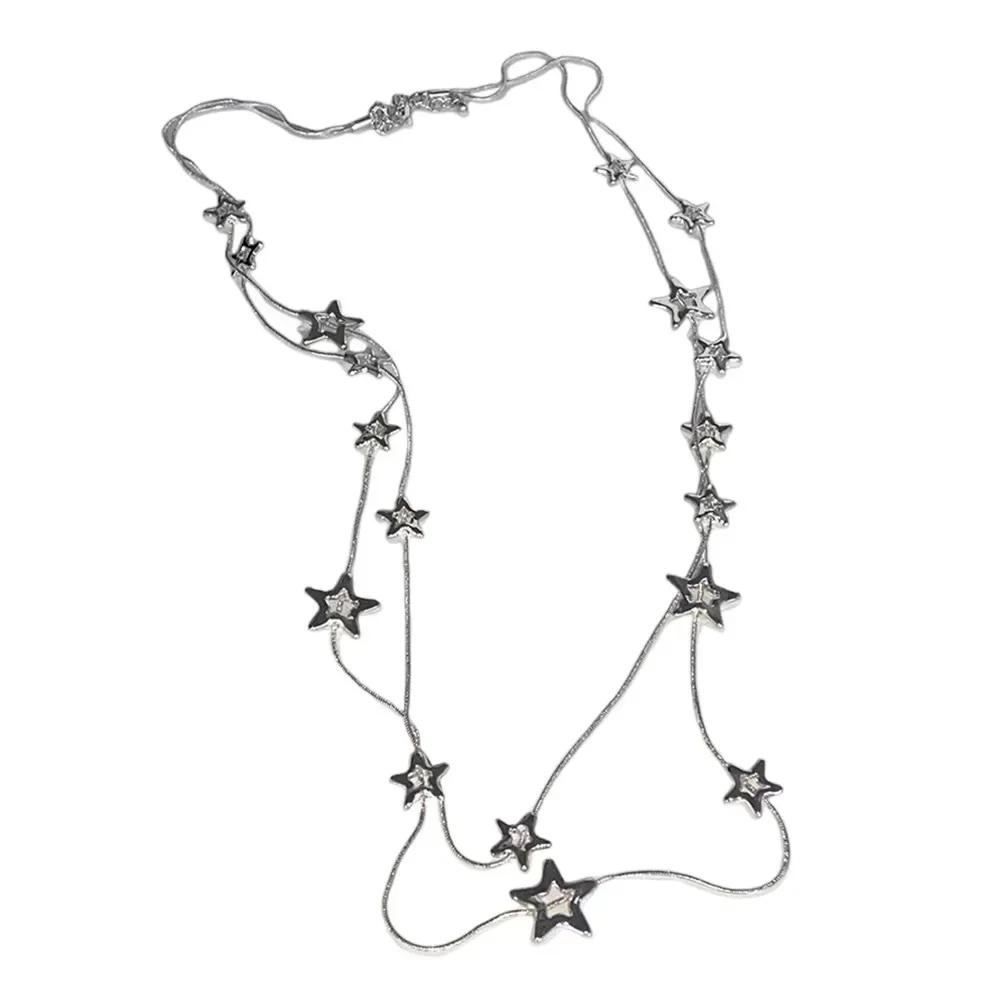 New Alloy Pentagram Star Pendant Silver Color Punk Long Chain Necklace Double Layer Y2K Style Choker
