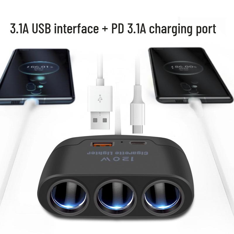 1-to-3 Multifunction Car Charger with USB & PD Fast Charging Ports (12V/24V)