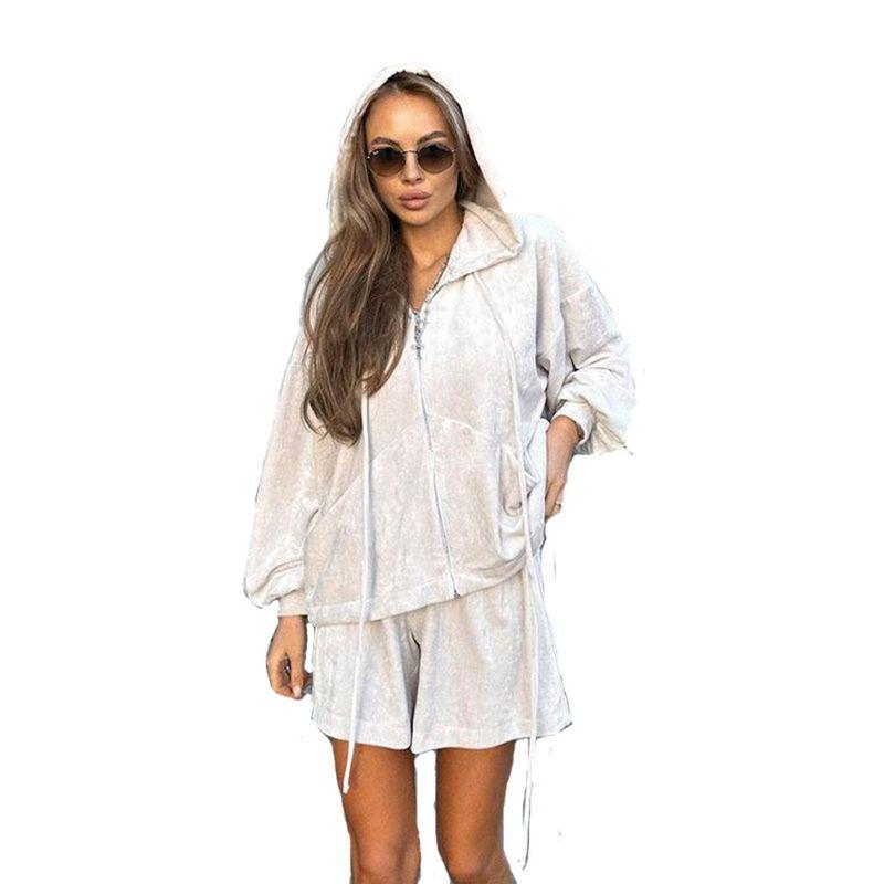 European and American Women clothes Street Fashion Long sleeve Hood Lace-up Sports Loose Cardigan Shorts Leisure Two-piece Set Suit