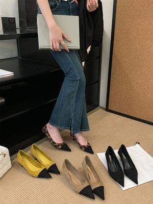 Pointed French Gentle Wind Splicing Stiletto Single Shoes Women's Commuting Shallow Mouth Temperament Kitten Heel High Heels