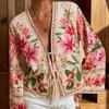 Bohemian Vintage Large Floral Print Tie Front Cardigan Women Fall Long Sleeve V-Neck Open Front Romantic Lazy Style Layering Piece