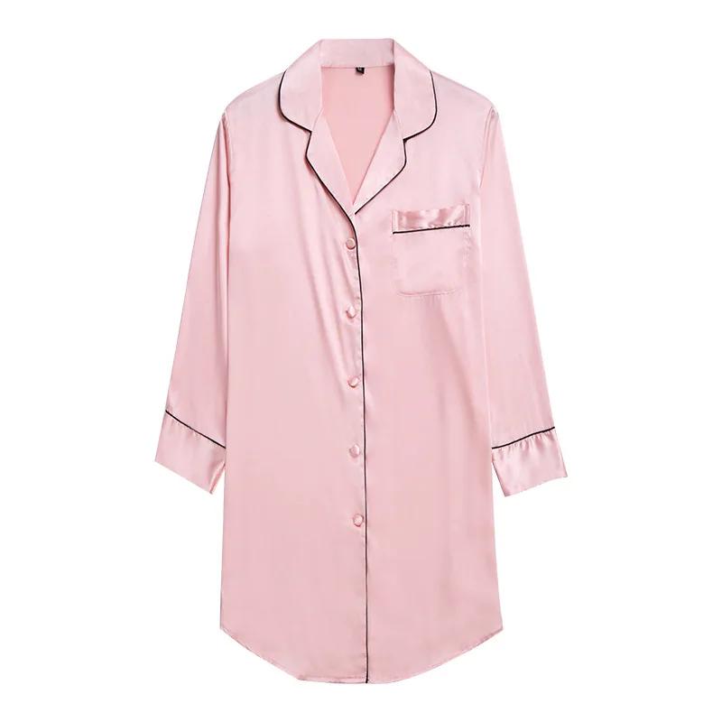 Nachtwäsche Langarm-Nachthemd Satin Sleepshirt Knopfleiste Pyjama Top für Damen