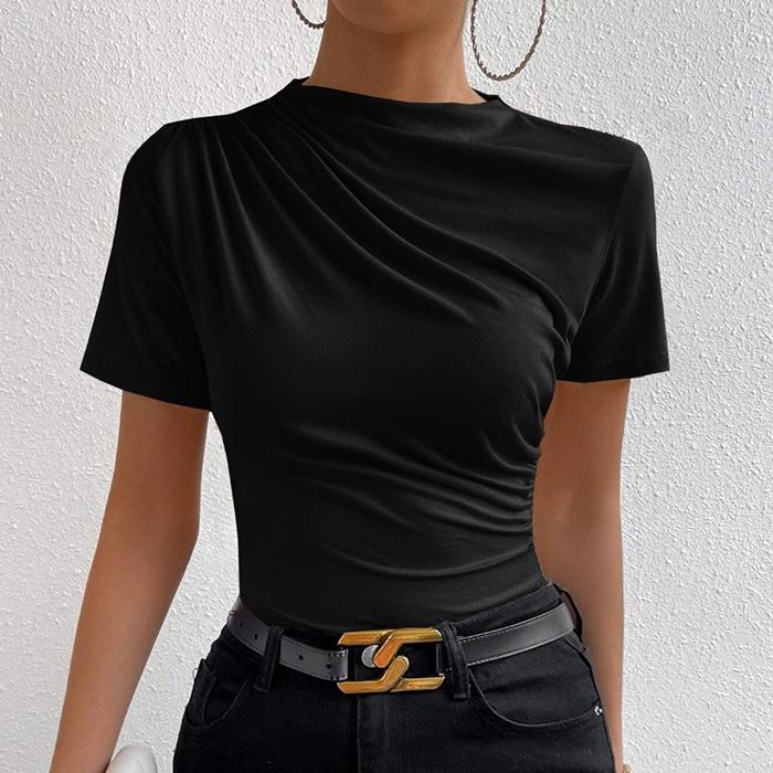 Ladies Summer Short Sleeve High Collar Solid Color Slim Fit Bodycon Pullover Casual Pleated T Shirt Top