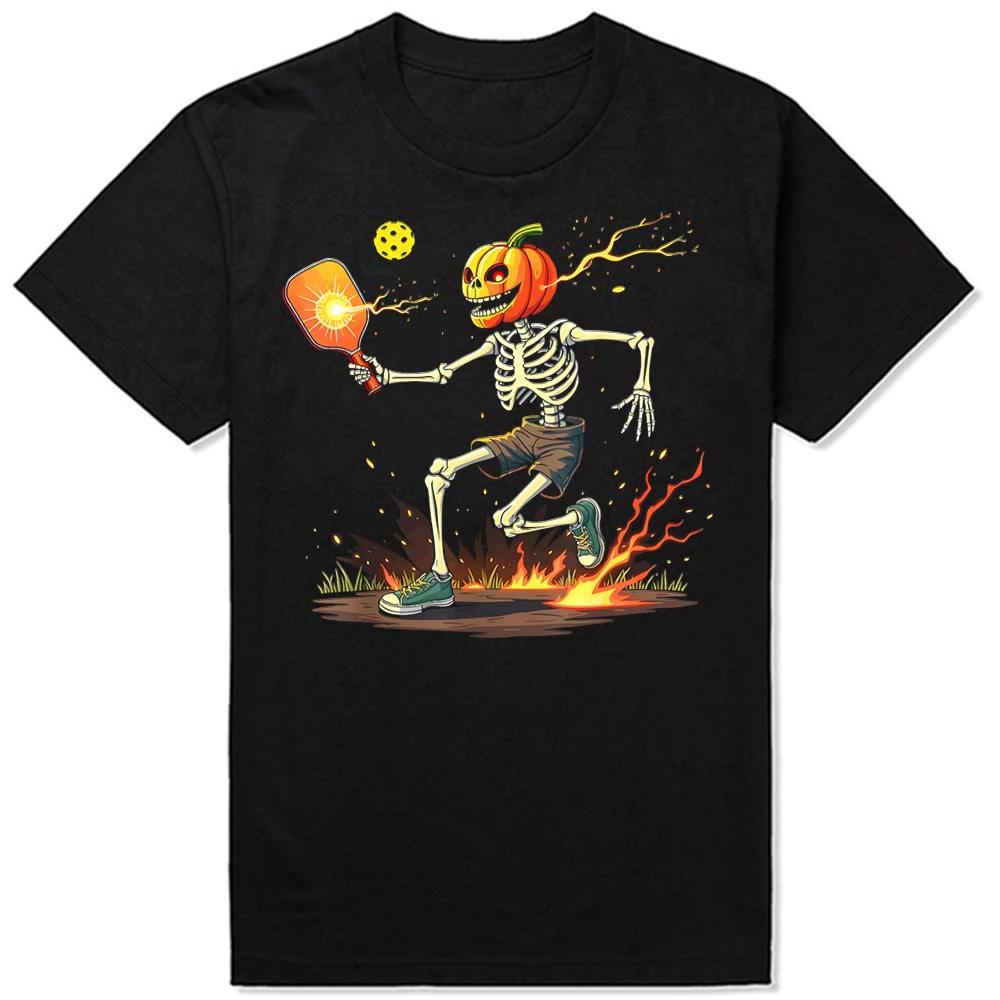 Pumpkin Skeleton Playing Pickleball Graphic Tee Unisexs Cotton Short Sleeve Round Neck TShirt S