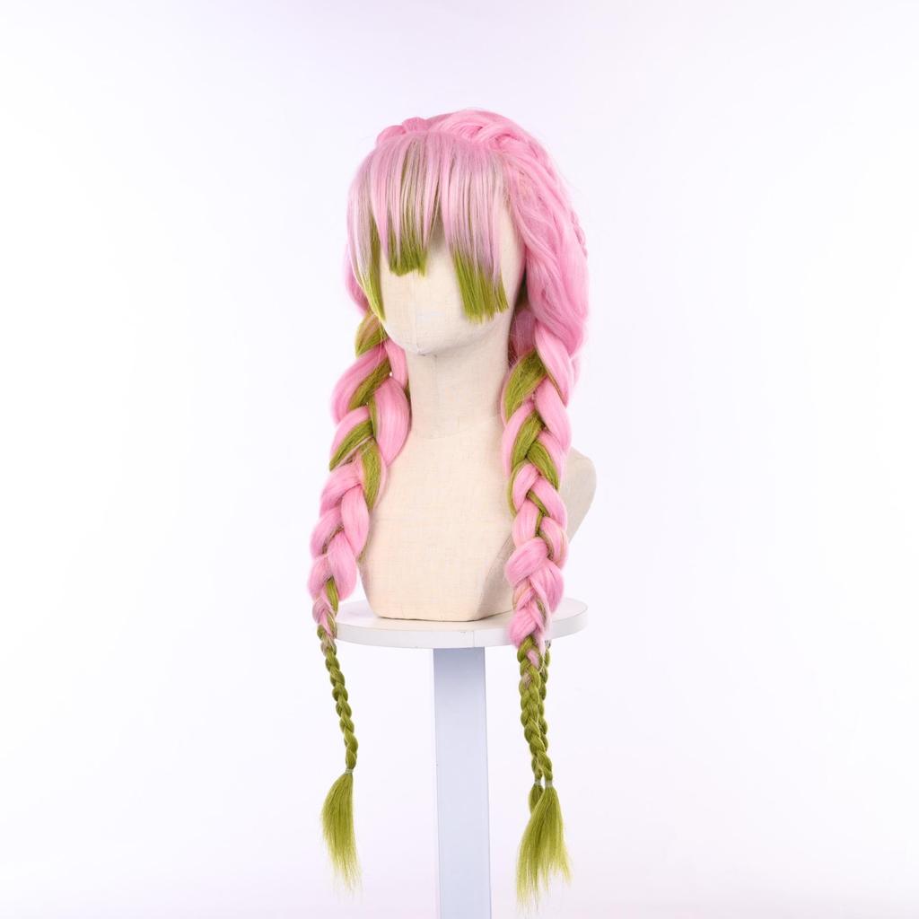 Kanroji Mitsuri Demon Slayer Pink-Green Cosplay Wig with Cap & Big Braid