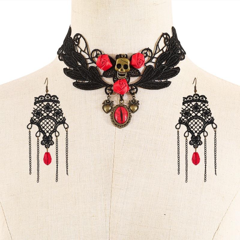 Halloween Dark Lace Rose Chain Fringed Earrings Collarbone Chain Jewelry Set Women