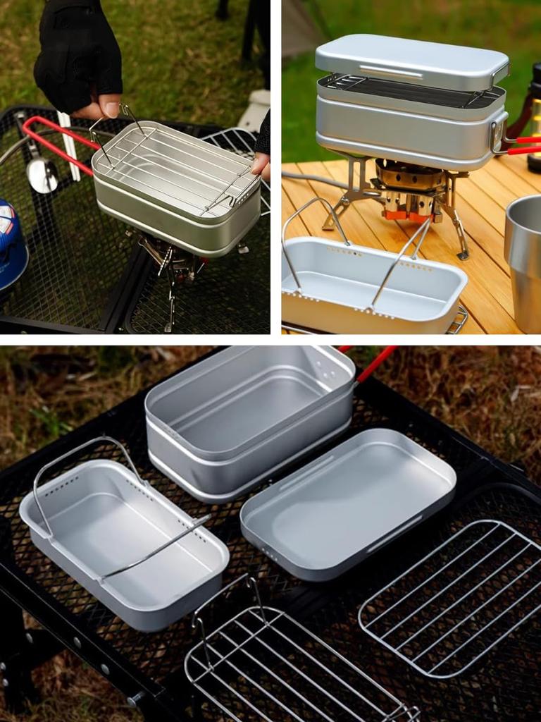 MiliCamp Suzaku Messtin, 2-Layer Steam Cooker, Multi-Purpose Dish Set with Drain and Steam Holes