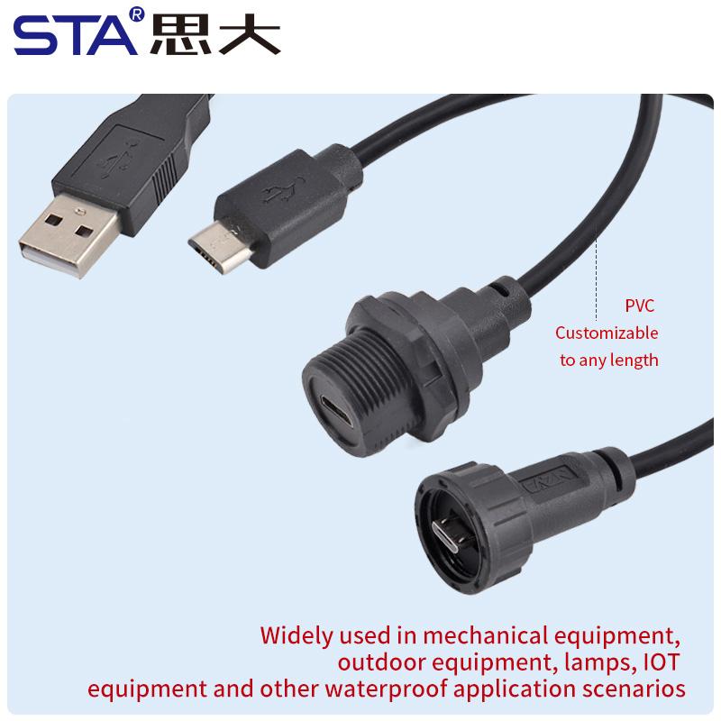 Micro USB 2.0 Plastic IP67 Waterproof Connector Panel Mount Male to Female Socket Extension Electrical Data Cable Threaded Plug