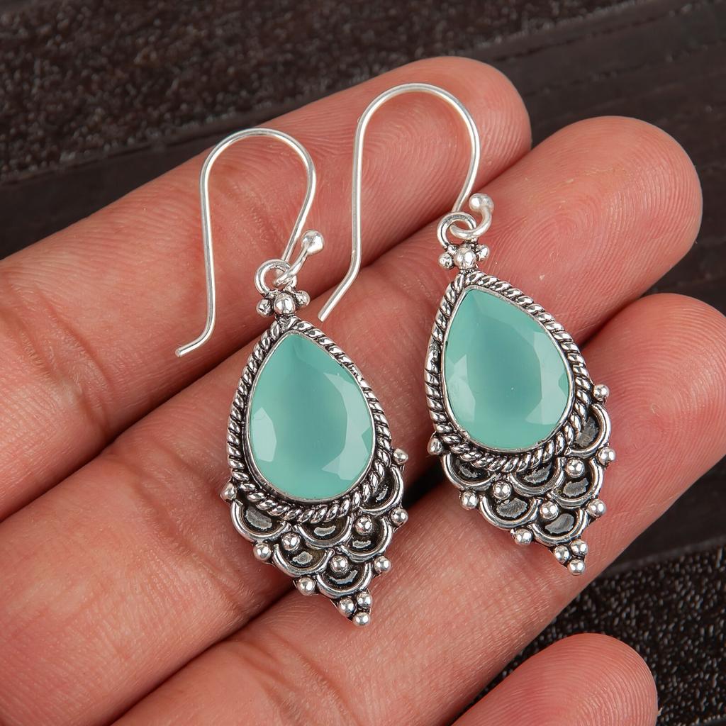 Aqua Chalcedony Gemstone 925 Sterling Silver Jewelry Earrings 1.9" Gift For Her EE-85-17