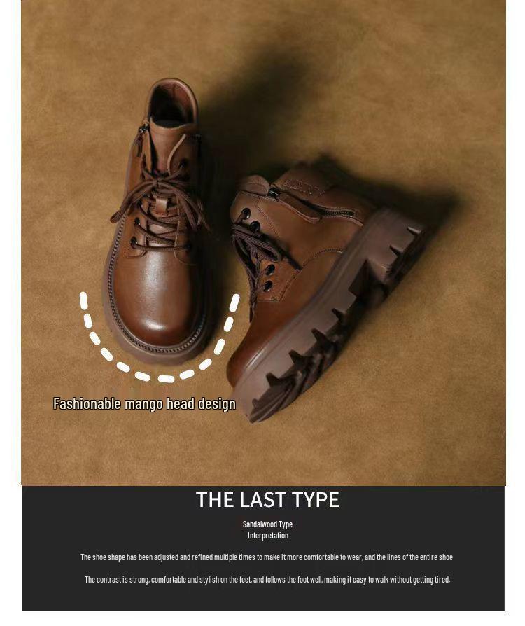 2025 Women's Retro Thick-Soled Brown Leather Motorcycle Martin Boots for Autumn/Winter