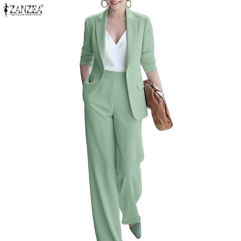 

ZANZEA Женские блейзер с длинным рукавом и брюки, повседневные костюмы-двойки 4XL зелёный