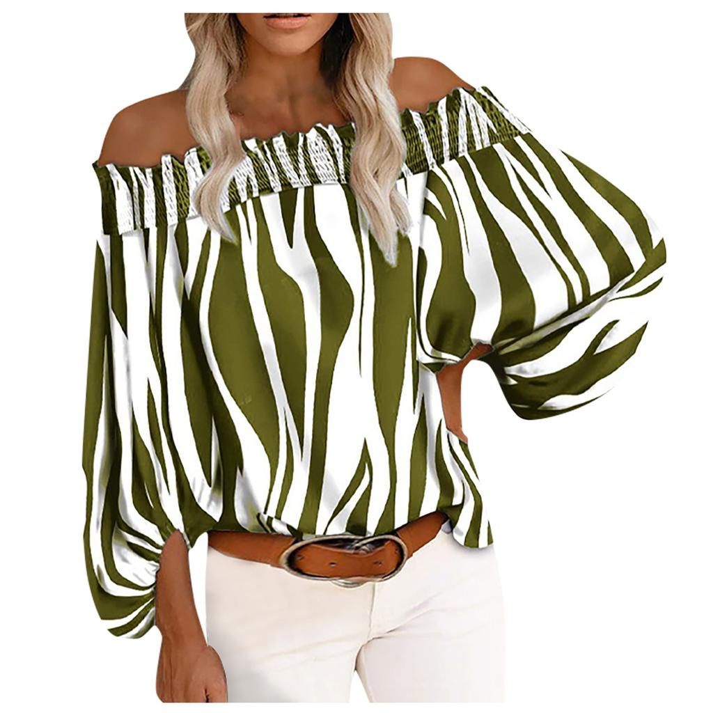 Women's Casual Striped Print Sexy One-Shoulder Long-sleeved Chiffon Shirt
