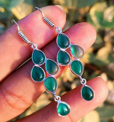 Grüner Onyx-Edelstein, 925er-Sterlingversilberung, handgefertigter Damen-Ohrring-Schmuck
