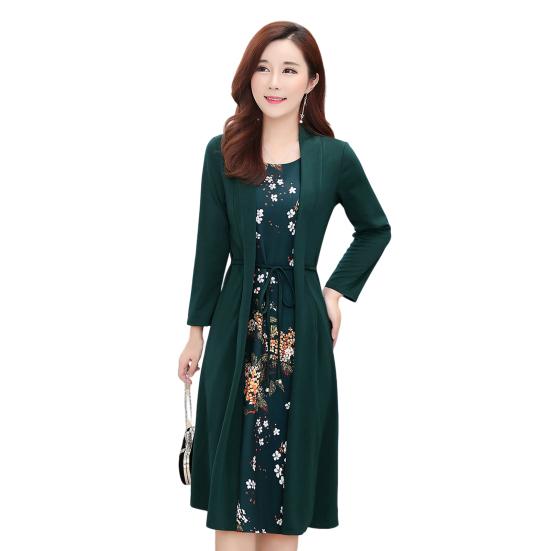 Sukienka z dekoltem O, długim rękawem, sznurowana w talii, dopasowana, elegancka, z nadrukiem w kwiaty, imitacja dwuczęściowego kardiganu, sukienka midi, odzież damska