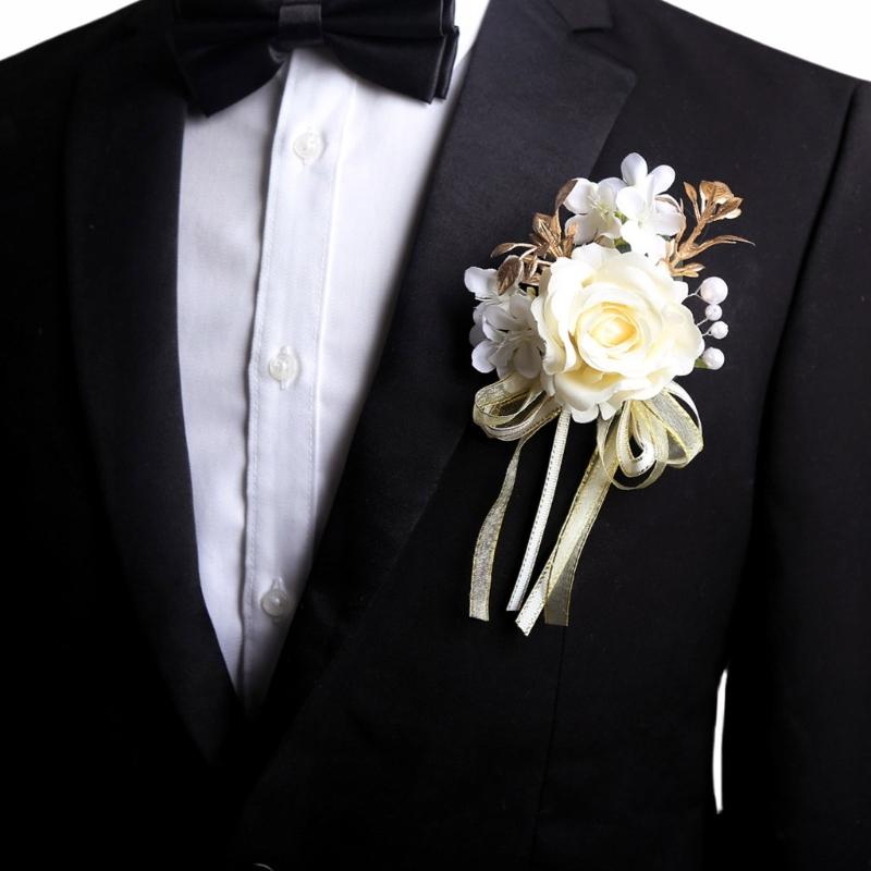 Wedding Boutonniere And Wristlet Set With Artificial Floral Design For Bridesmaids Grooms Formal Outfit