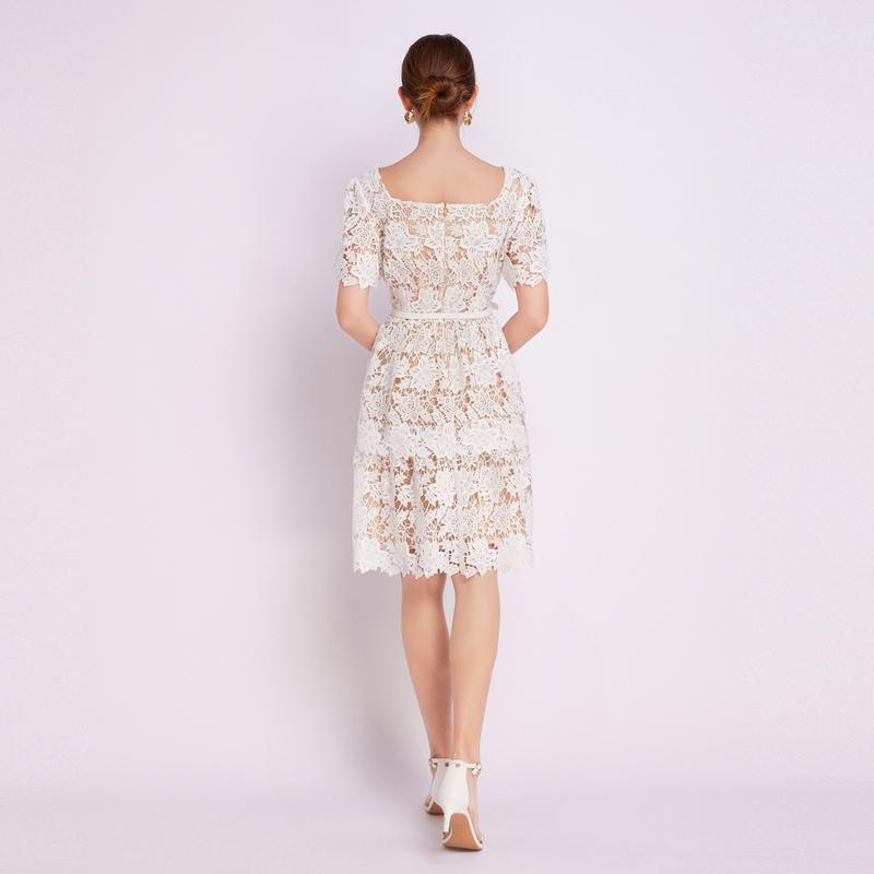 Summer Women Square Collar Elegant White Water Soluble Lace Crochet Flower Embroidery Party Dresses With Belt