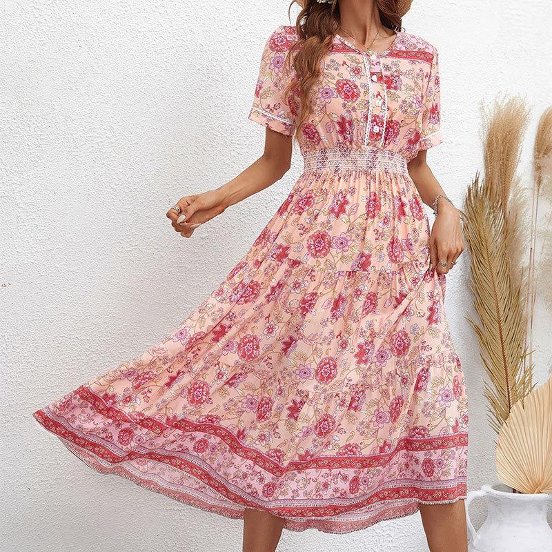 Dámská móda Léto Jaro Květinový potisk Neformální šaty s krátkým rukávem a výstřihem do V s vysokým pasem