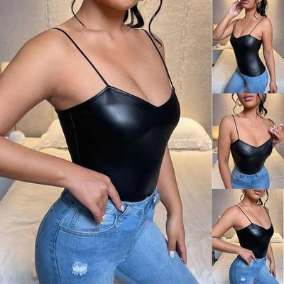 Sexy Wrap Deep V Neck PU Imitation Leather Tank Top Halter Crop Tops Women Camisole Female Sleeveless Cropped Vest