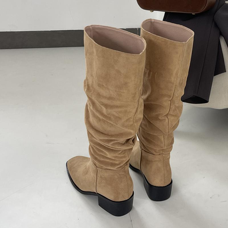 Fashion Liyke Winter Street Fashion Square Toe Pleated Faux Suede Flock Knee High Boots Women Low Thick Heels Long Ladies Shoes Size 43