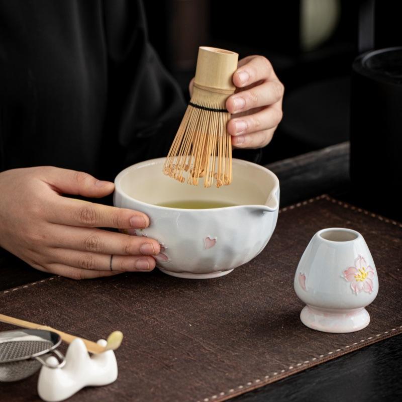 Traditionelles Bambus Keramik Japanisches Matcha Tee Set Keramikschale Bambus Matcha Besen und Teelöffel Teezubereitungswerkzeuge Zubehör