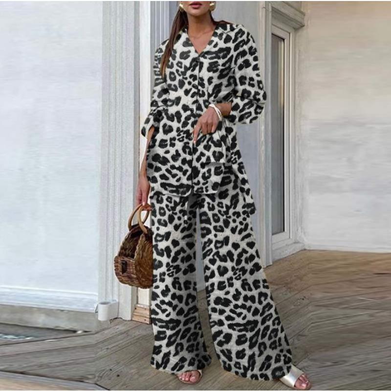 QICED Autumn Women's Fashion Top, Women's Leopard Print Pants, Casual Loose Suit