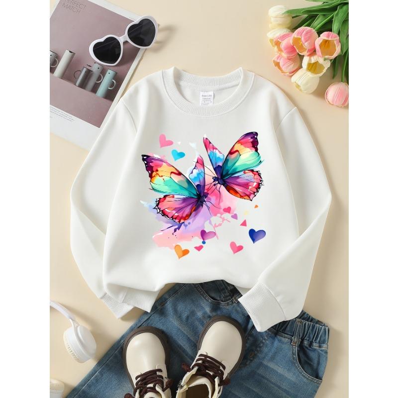 European sizes Kids Sweatshirts, Girls' Autumn Winter Colorful Butterfly Heart Print Long Sleeve Round Neck Sweatshirt, Casual Daily Wear.