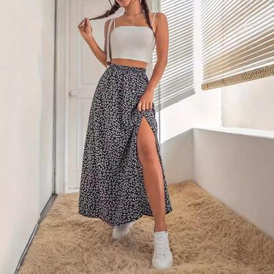 European & American Floral Mid-Waist A-Line Casual Skirt with Slit