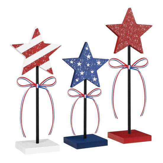 3 Pcs 4th of July Wooden Star Signs Red White Blue Glitter Patriotic Star