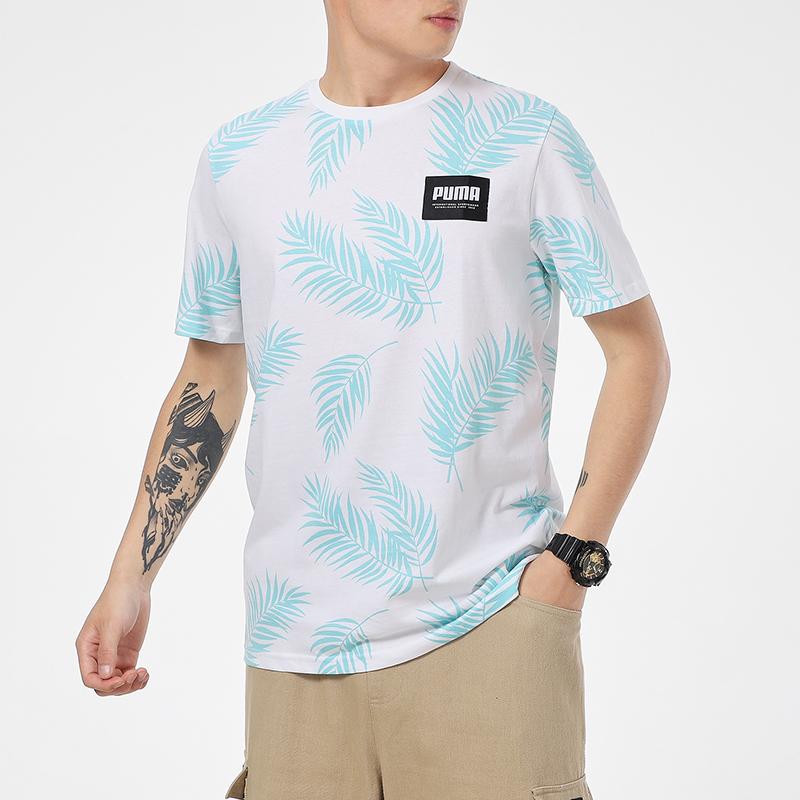 Puma Leaf Print Casual Sport Crew Neck Short Sleeve T-Shirt Men Tops Light-Blue 845859-02