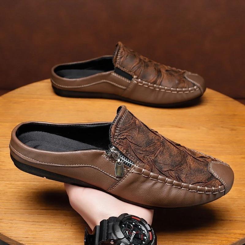 Fashion Slippers for Men Half Soft Leather Designer Luxury Fun Casual Shoes Elegant High Quality Fashion Mascullino Original Sandals Man